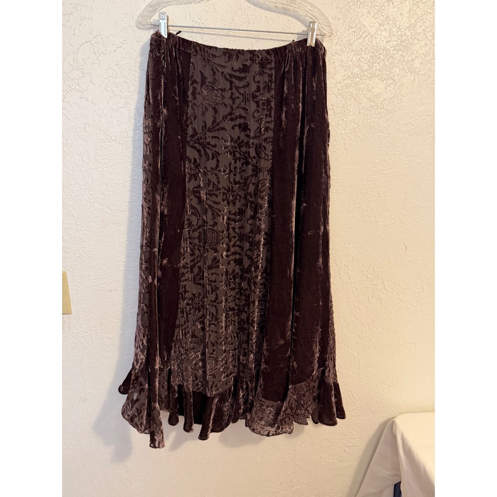 Chicos Brown Velvet Burnout Damask Midi Skirt Size 2 Large Whimseygoth Goth